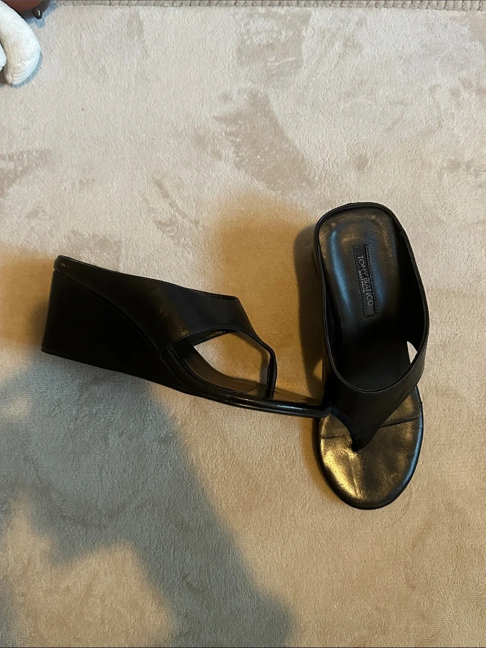 Tony Bianco Black Leather Wedge Thong Sandals